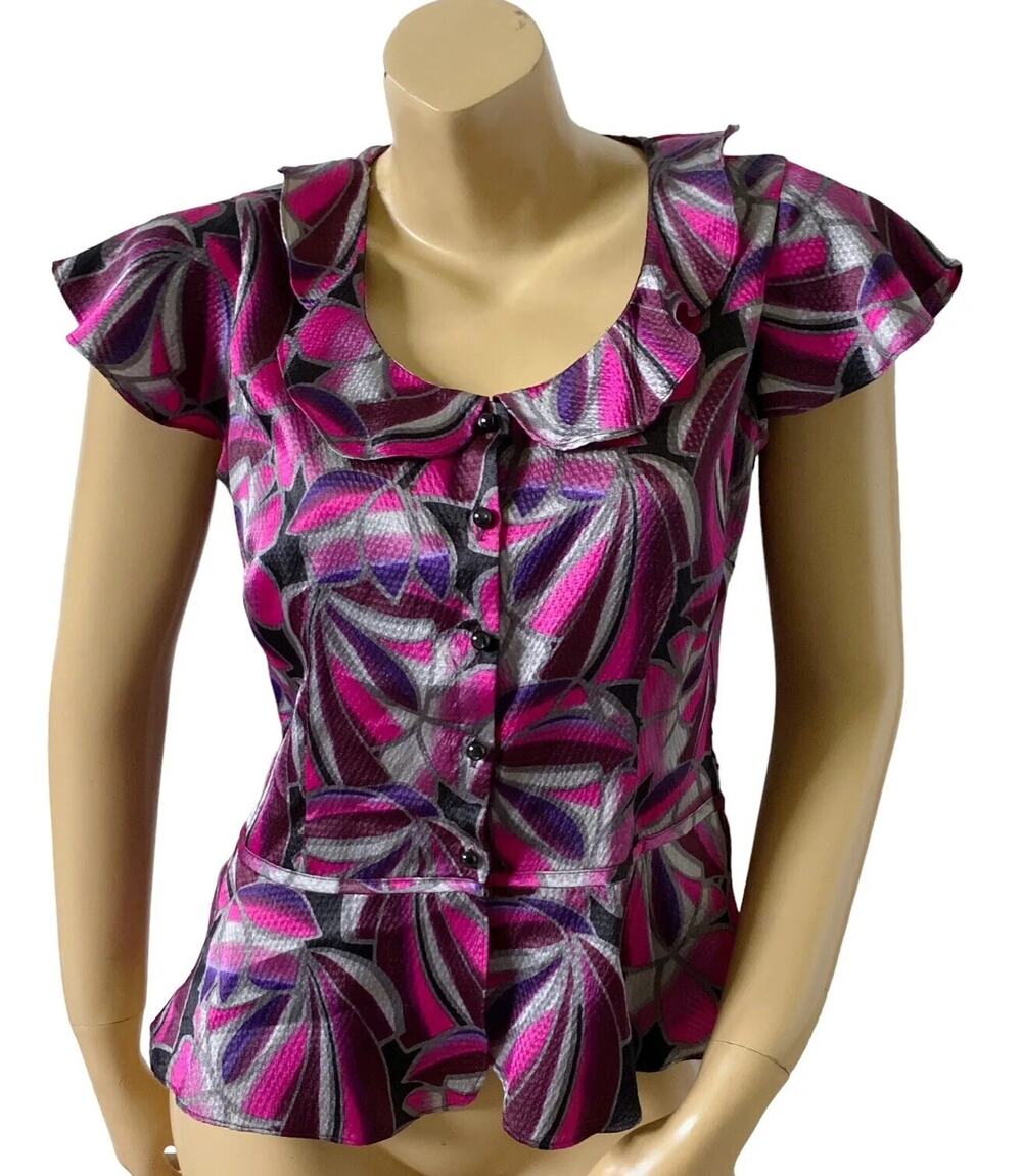 Worthington Top Womens Petite PM Purple Pink Retro Button Front Peplum Blouse
